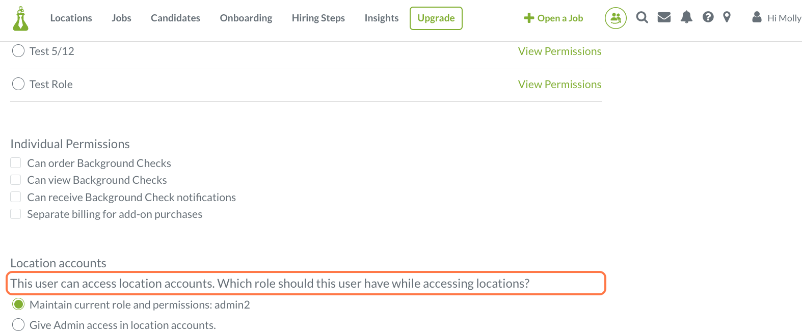 Click on This user can access location accounts. Which role should this user have while accessing locations?