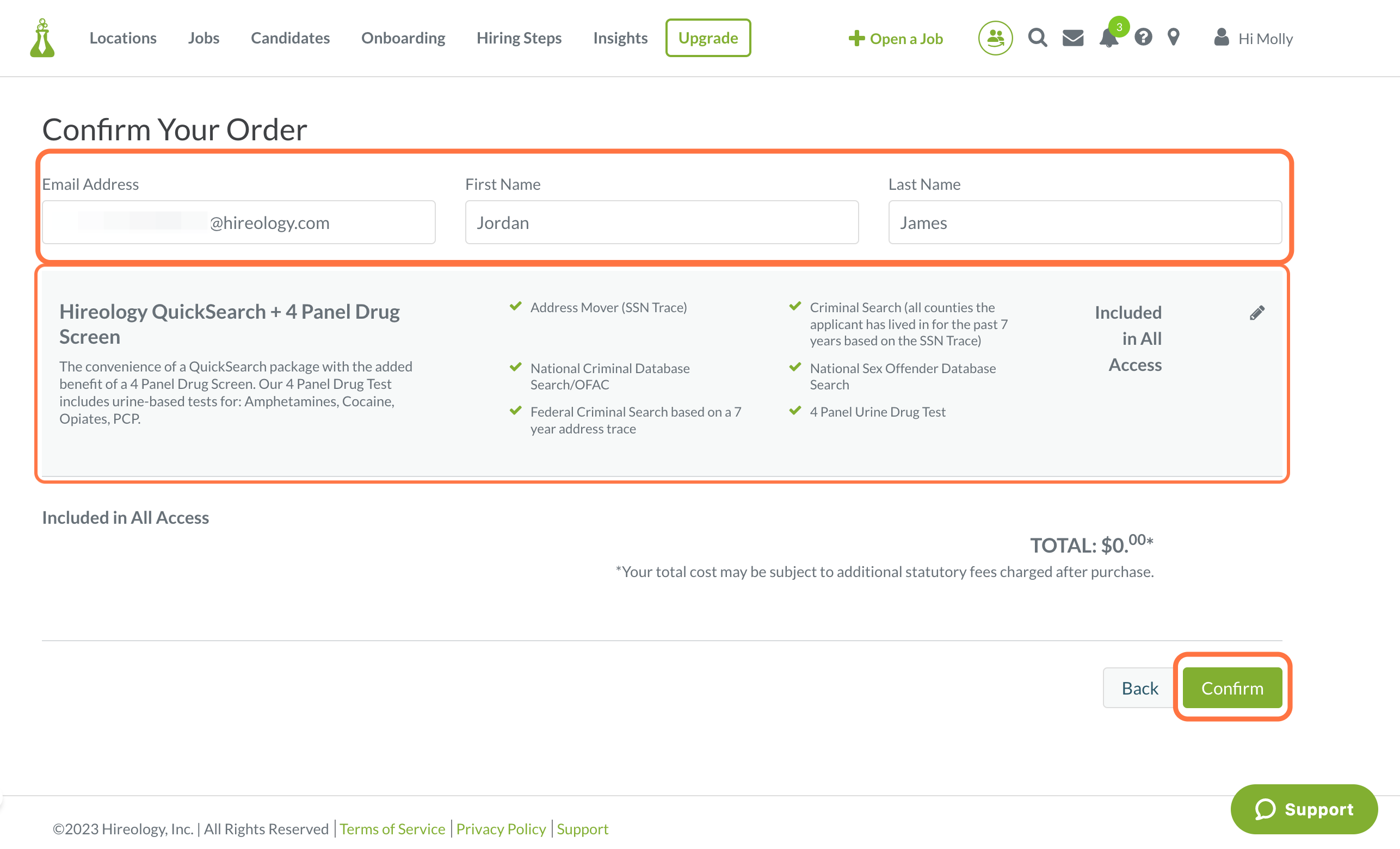 Click on Hireology QuickSearch + 4 Panel Drug Screen…