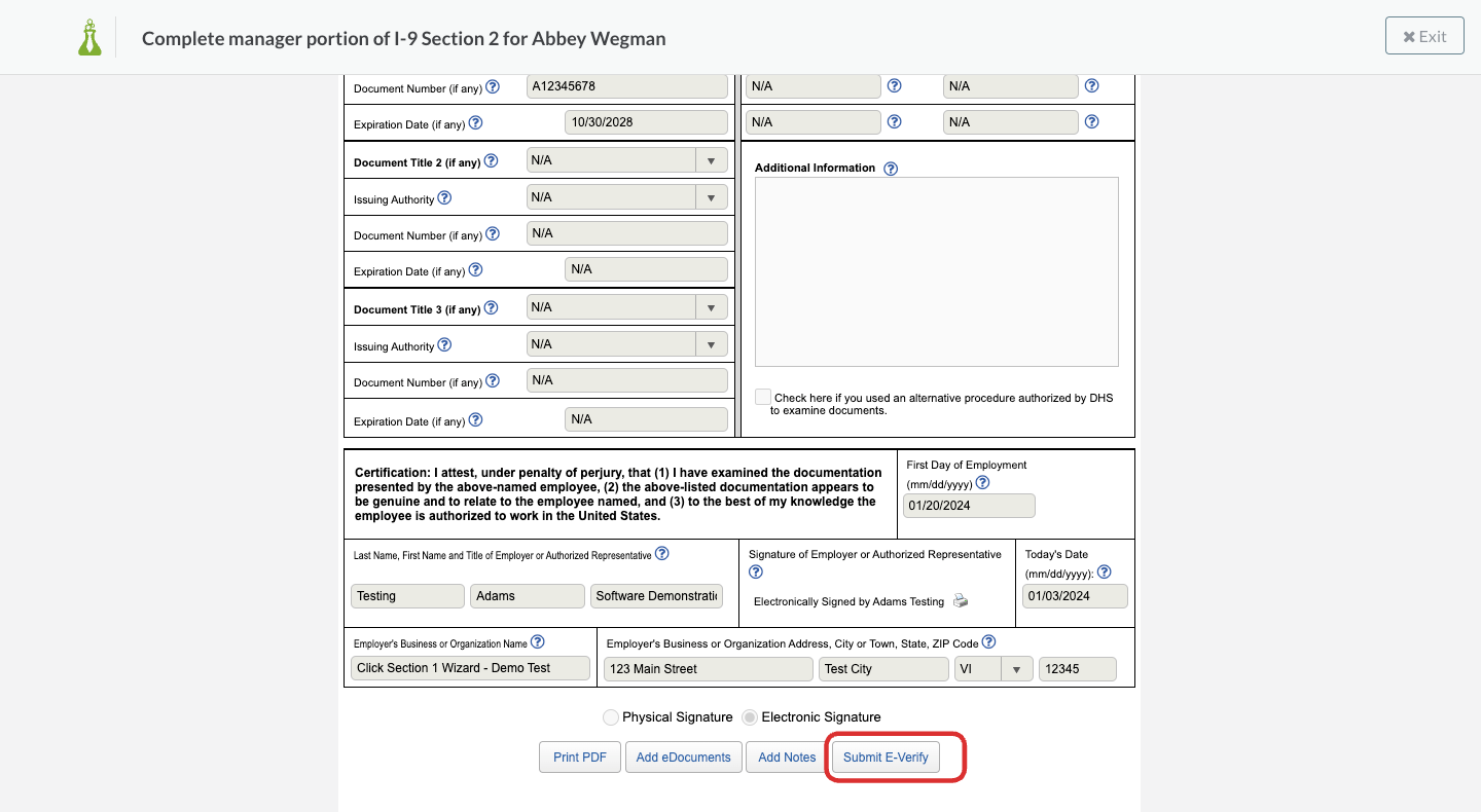 Click on Print PDF Add eDocuments Add Notes Submit E-Verify