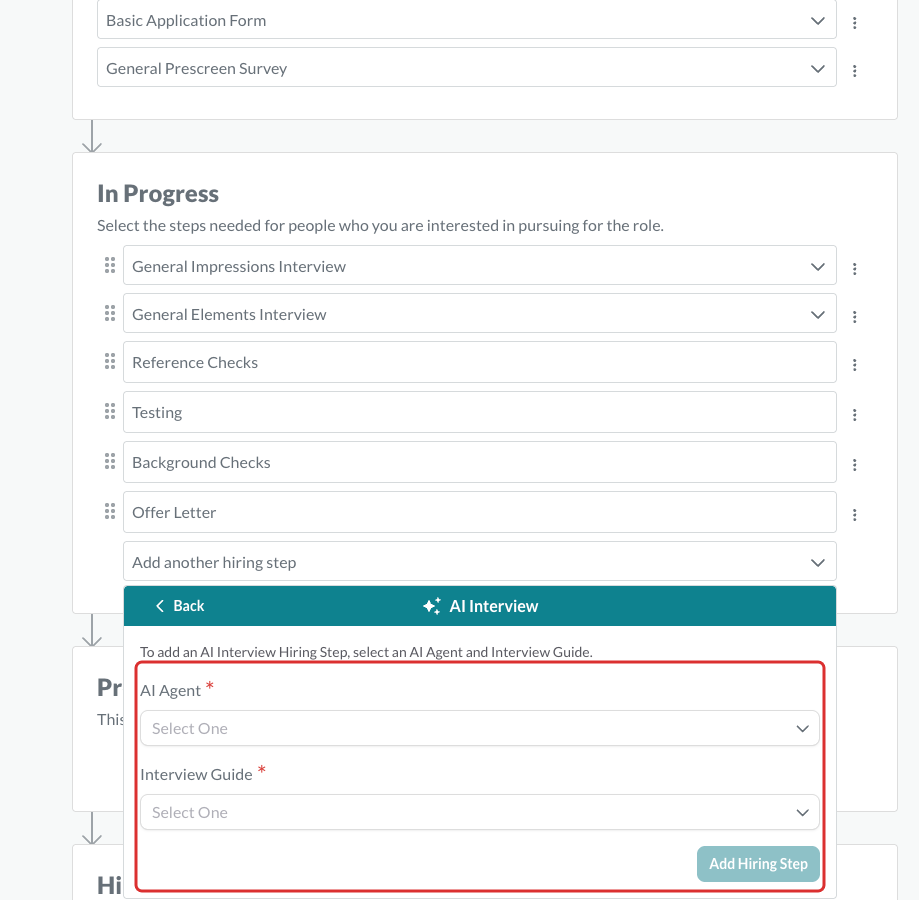 AI INterview adding hiring step agent and itnerview selection.png